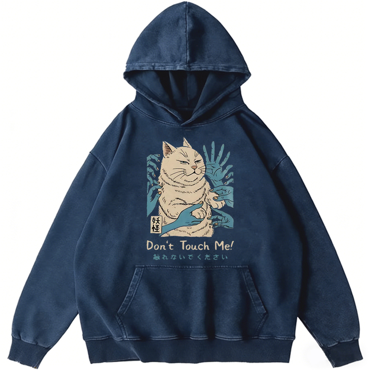 Yokai Cat Don't Touch Me Japanese Retro Washed Hoodide | 100% Cotton | Streetwear Essential
