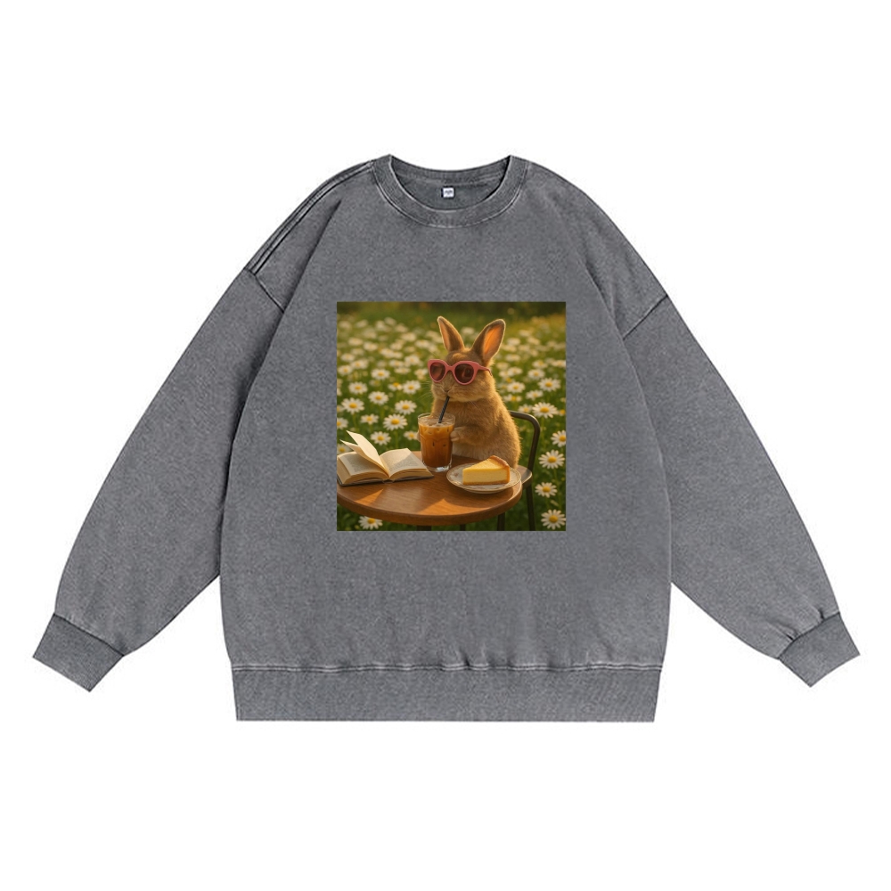 Daisy Afternoon Tea Bunny Meme Retro Premium Washed Cotton Crewneck Sweatshirt