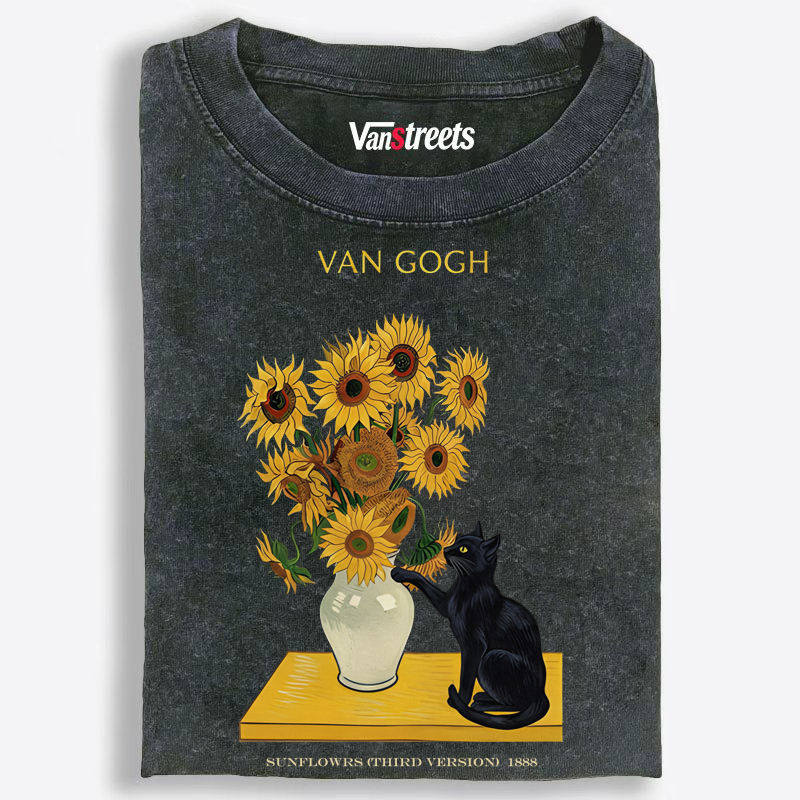 Curious Cat Touching Sunflowers Washed T-Shirt | 100% Cotton | Streetwear Essential