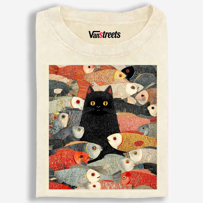 Black Cat Among Fish Art Retro Washed T-Shirt | 100% Cotton | Streetwear Essential