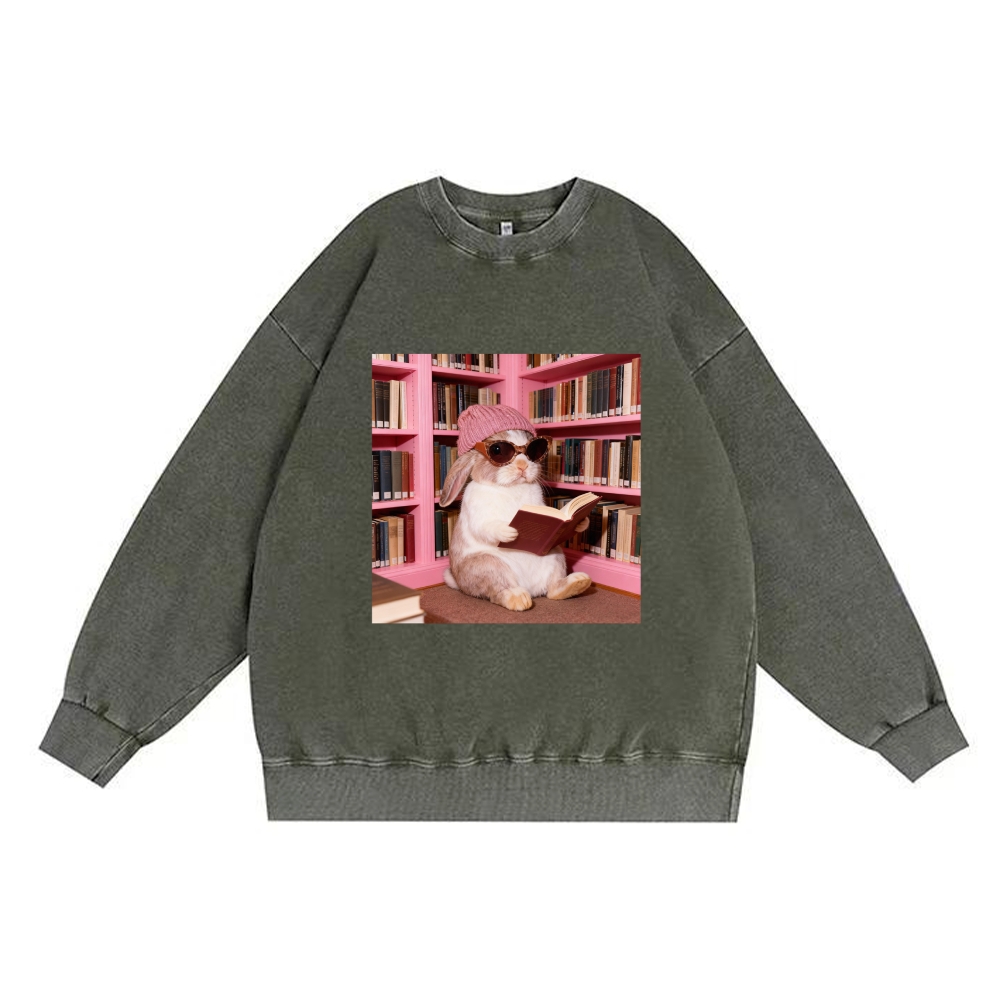 Bunny Bookish Rabbit Retro Washed Cotton Crewneck Sweatshirt