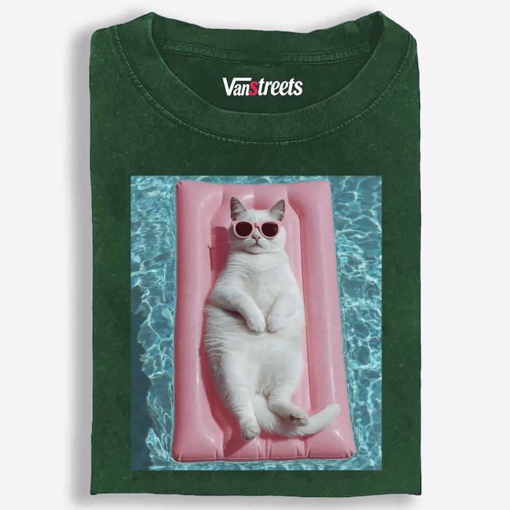 White Cat On Pink Pool Float Meme Retro Washed T-Shirt | 100% Cotton | Streetwear Essential