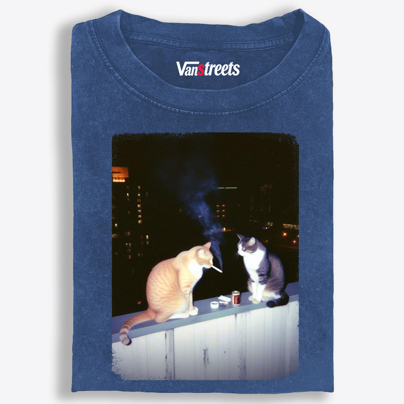 Smoking Cat Retro Washed T-Shirt | 100% Cotton | Streetwear Essential