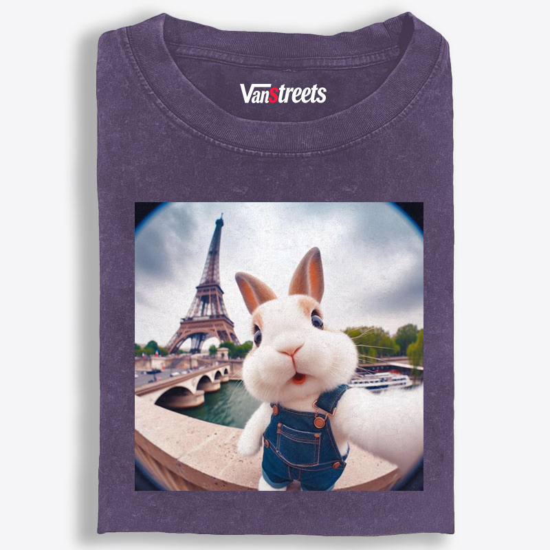 Eiffel Tower Selfie Bunny Meme Retro Washed T-Shirt | 100% Cotton | Streetwear Essential