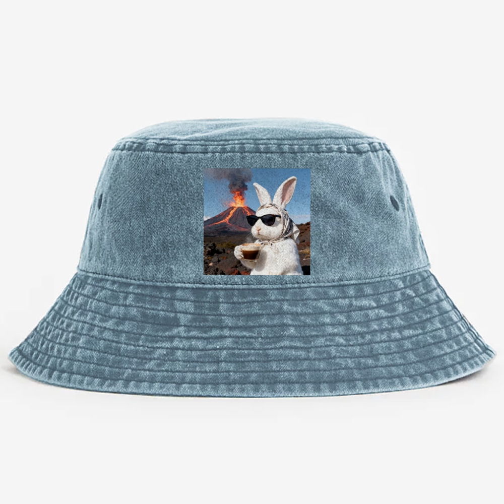 Volcano Coffee Bunny Retro Vintage Washed Bucket Hat
