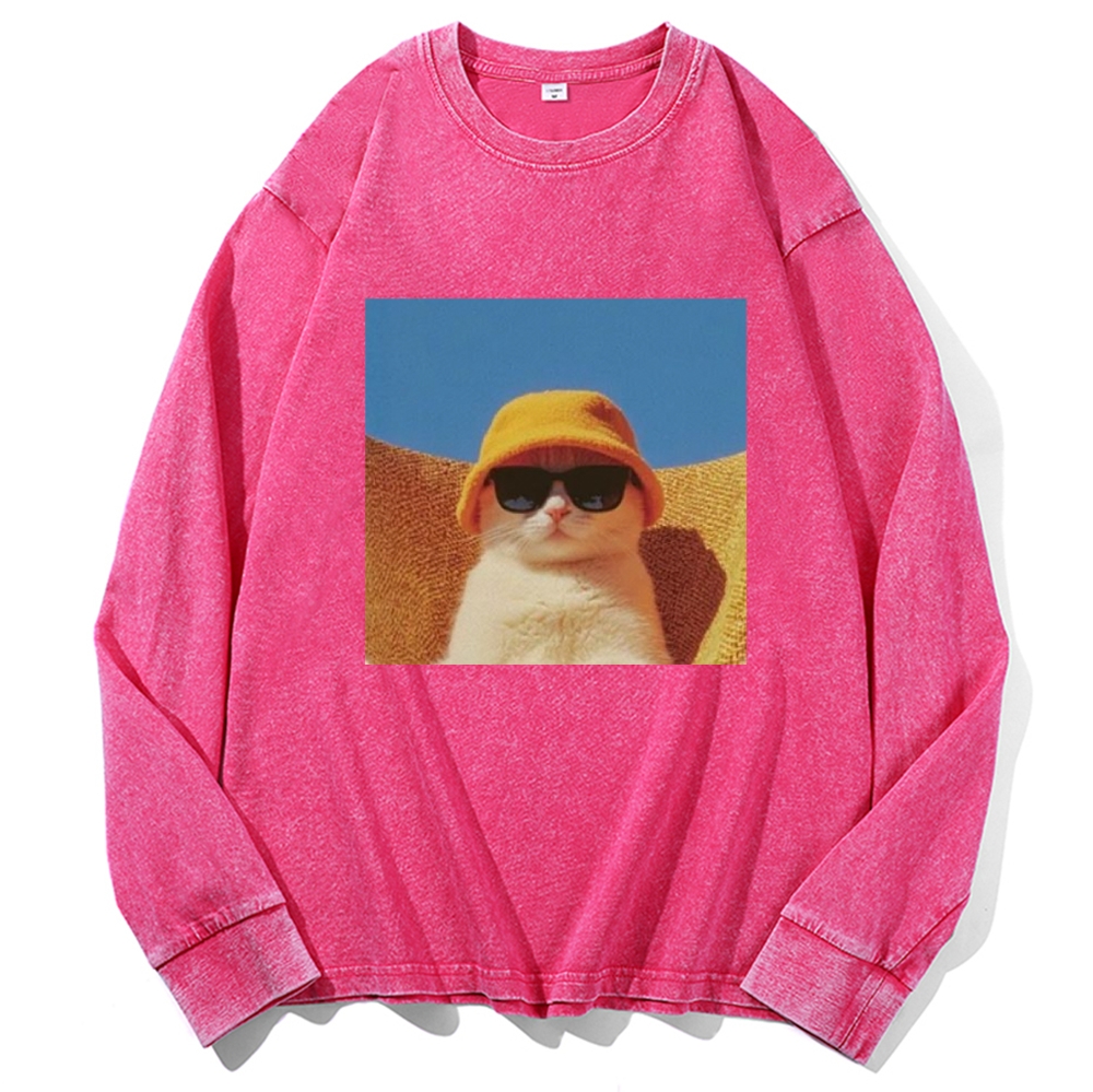 Cool Cat In Yellow Bucket Hat Streetwear Retro Washed Long Sleeve T-Shirt