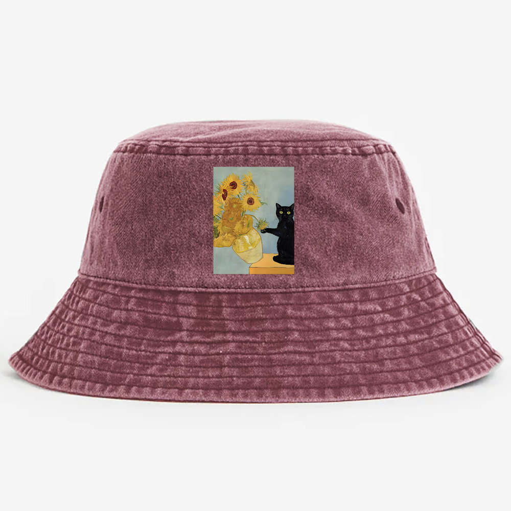 Playful Cat Meets Van Gogh Sunflowers Retro Vintage Washed Bucket Hat