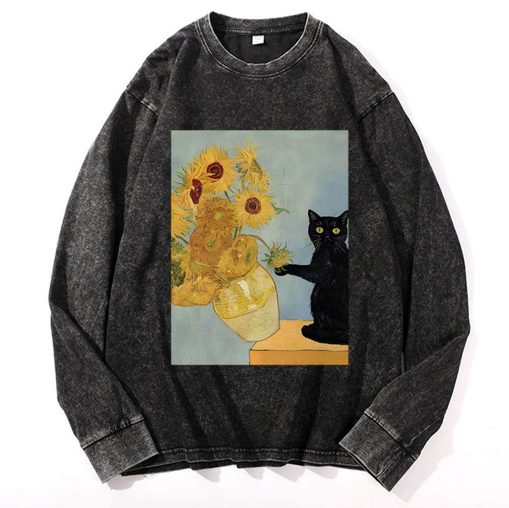 Van Gogh Sunflowers Black Cat Retro Washed Long Sleeve T-Shirt