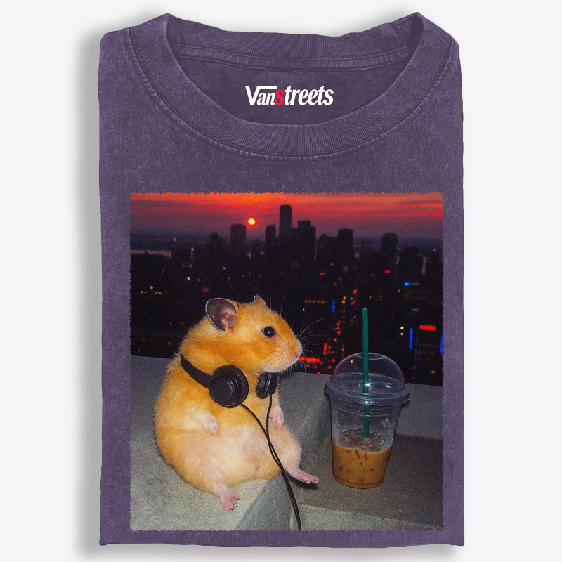 City Sunset Hamster Graphic Washed T-Shirt | 100% Cotton | Streetwear Essential