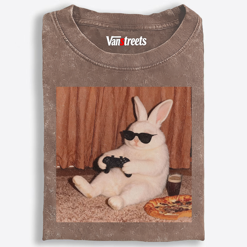 Gamer Rabbit Playing Video Game Retro Washed T-Shirt | 100% Cotton | Streetwear Essential