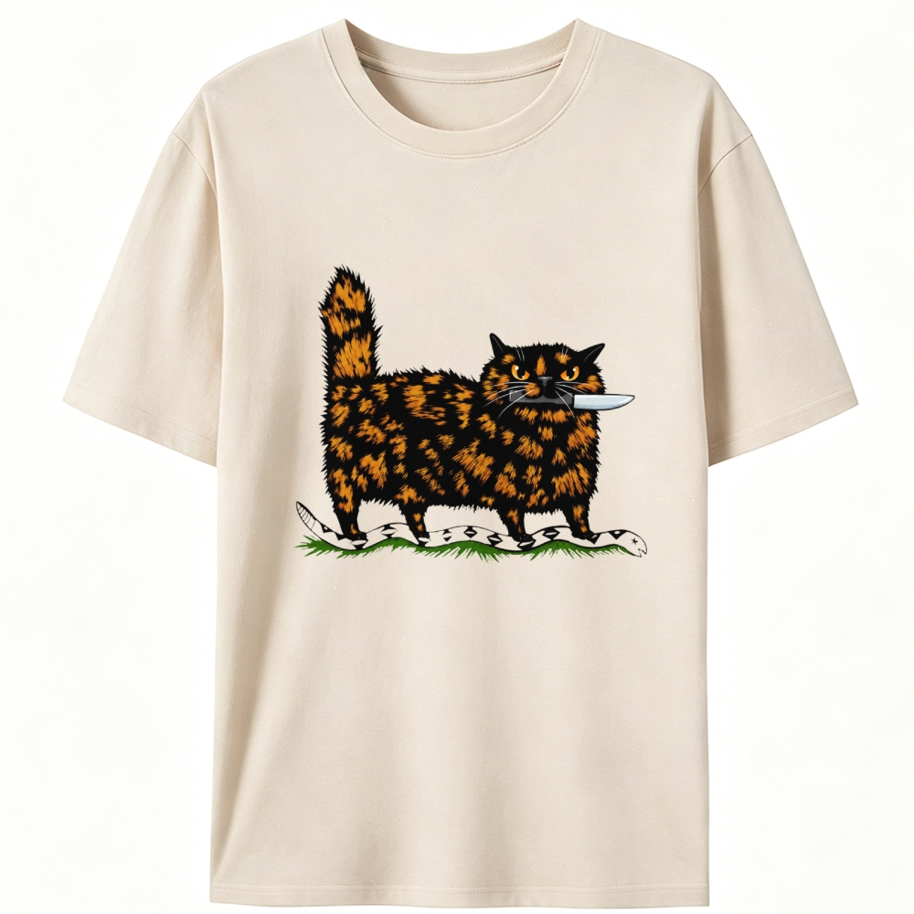 Tortoiseshell Cat With A Knife Retro Designed for Women - Slim Fit Cotton Tee