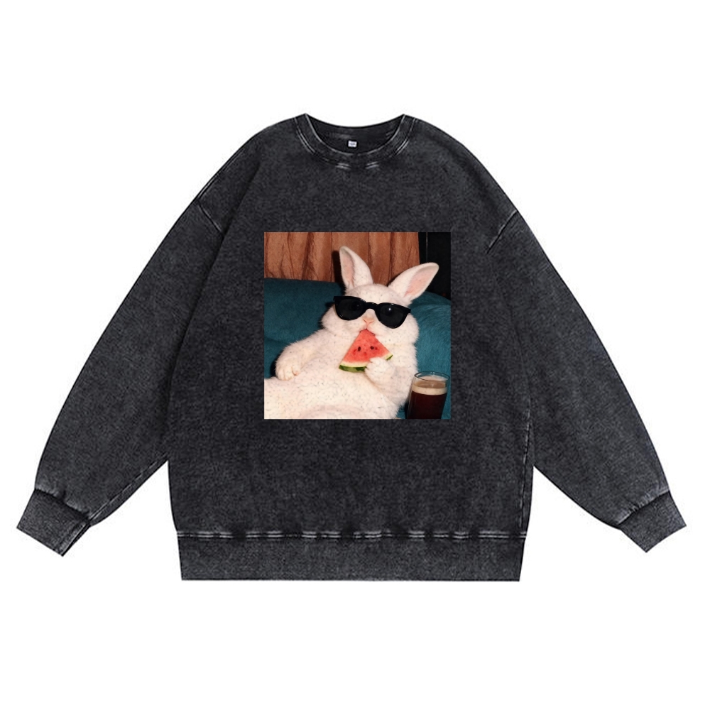 Rabbit Eating Watermelon Sunglasses Retro Premium Washed Cotton Crewneck Sweatshirt