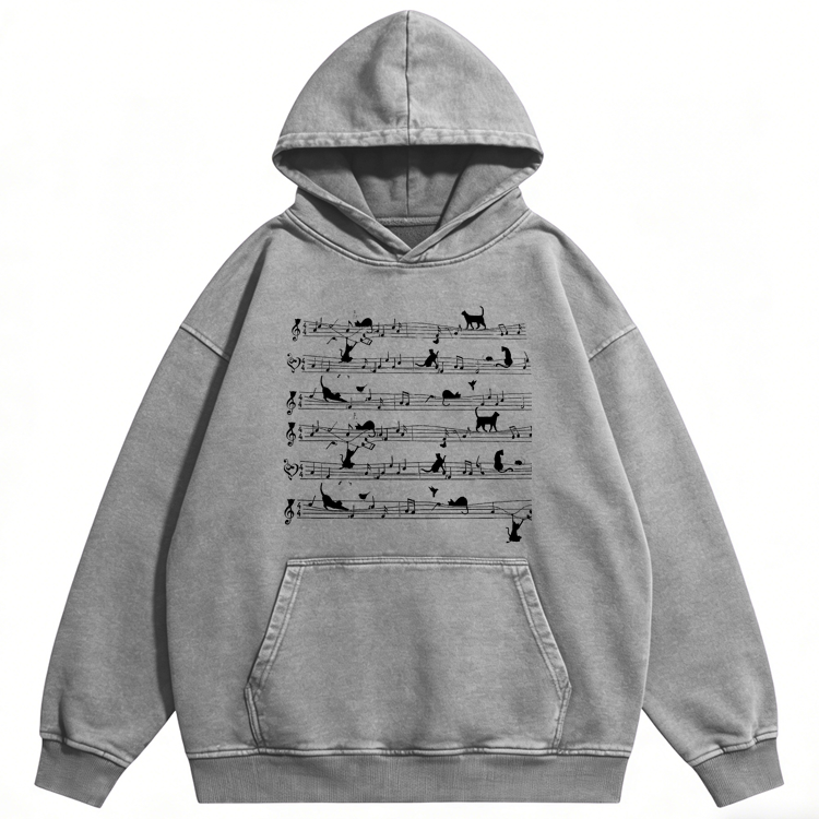 Cat Music Sheet Retro Washed Hoodie