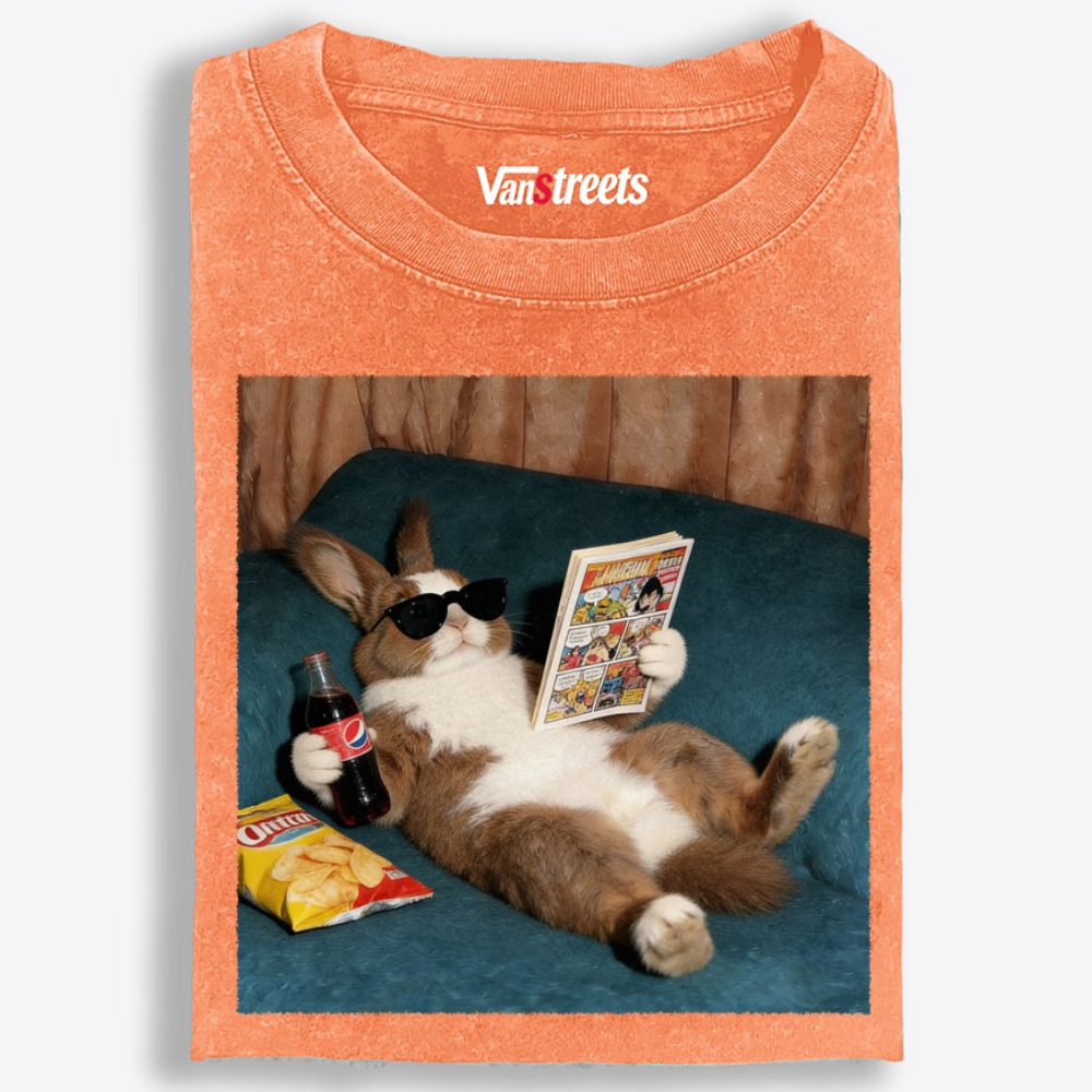 Laid-Back Bunny Comic & Snacks Washed T-Shirt | 100% Cotton | Streetwear Essential