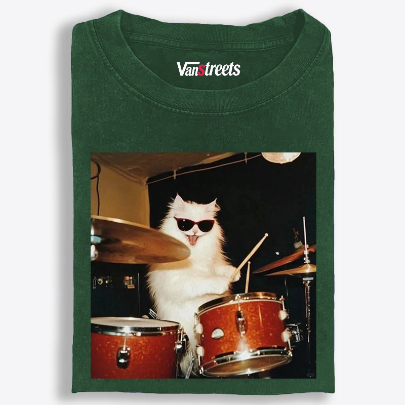 Rock And Roll Cat Drummer Meme Retro Washed T-Shirt | 100% Cotton | Streetwear Essential