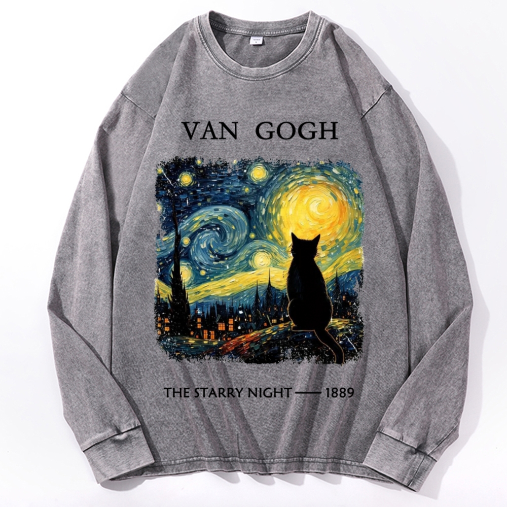 Van Gogh Starry Night Cat Retro Washed Long Sleeve T-Shirt
