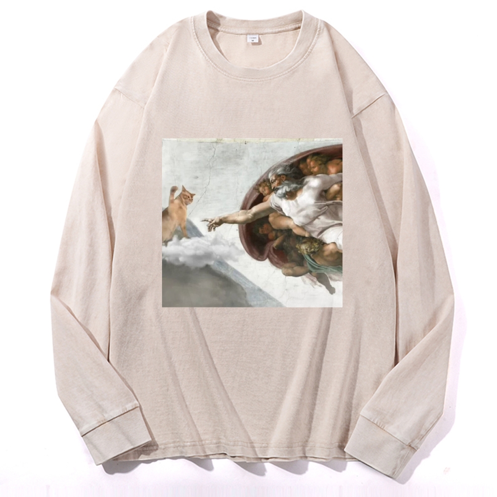 Cat Parody of "The Creation of Adam" Art Retro Washed Long Sleeve T-Shirt