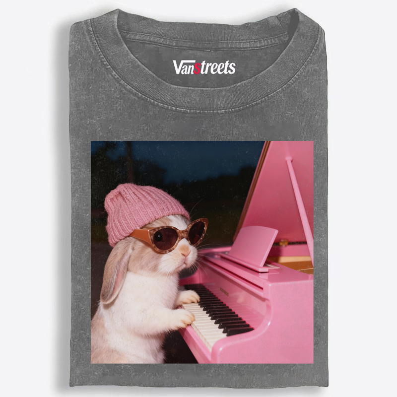 Bunny The Piano Rabbit Retro Washed T-Shirt | 100% Cotton | Streetwear Essential