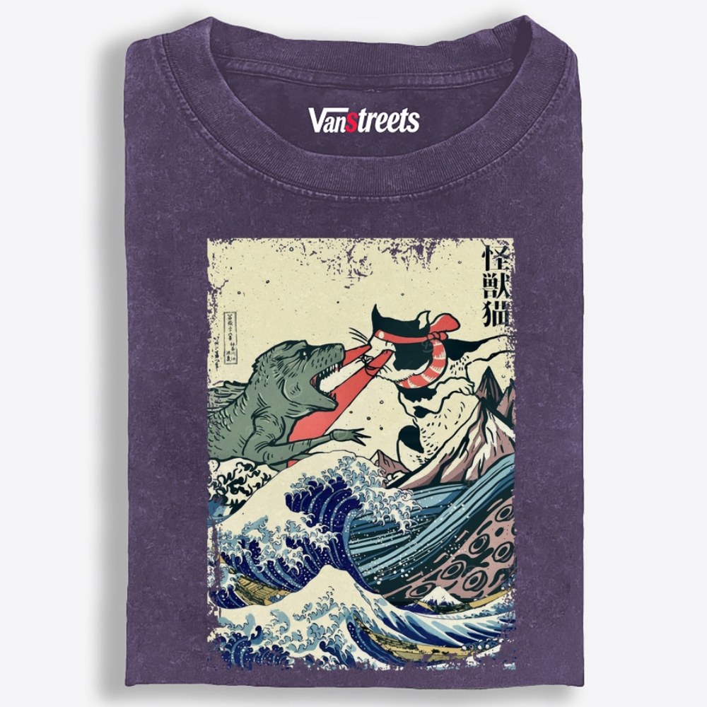 Kaiju Cat vs Godzilla The Great Wave Off Kanagawa Retro Washed T-Shirt | 100% Cotton | Streetwear Essential