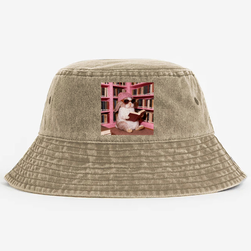 Bunny Bookish Rabbit Retro Vintage Washed Bucket Hat