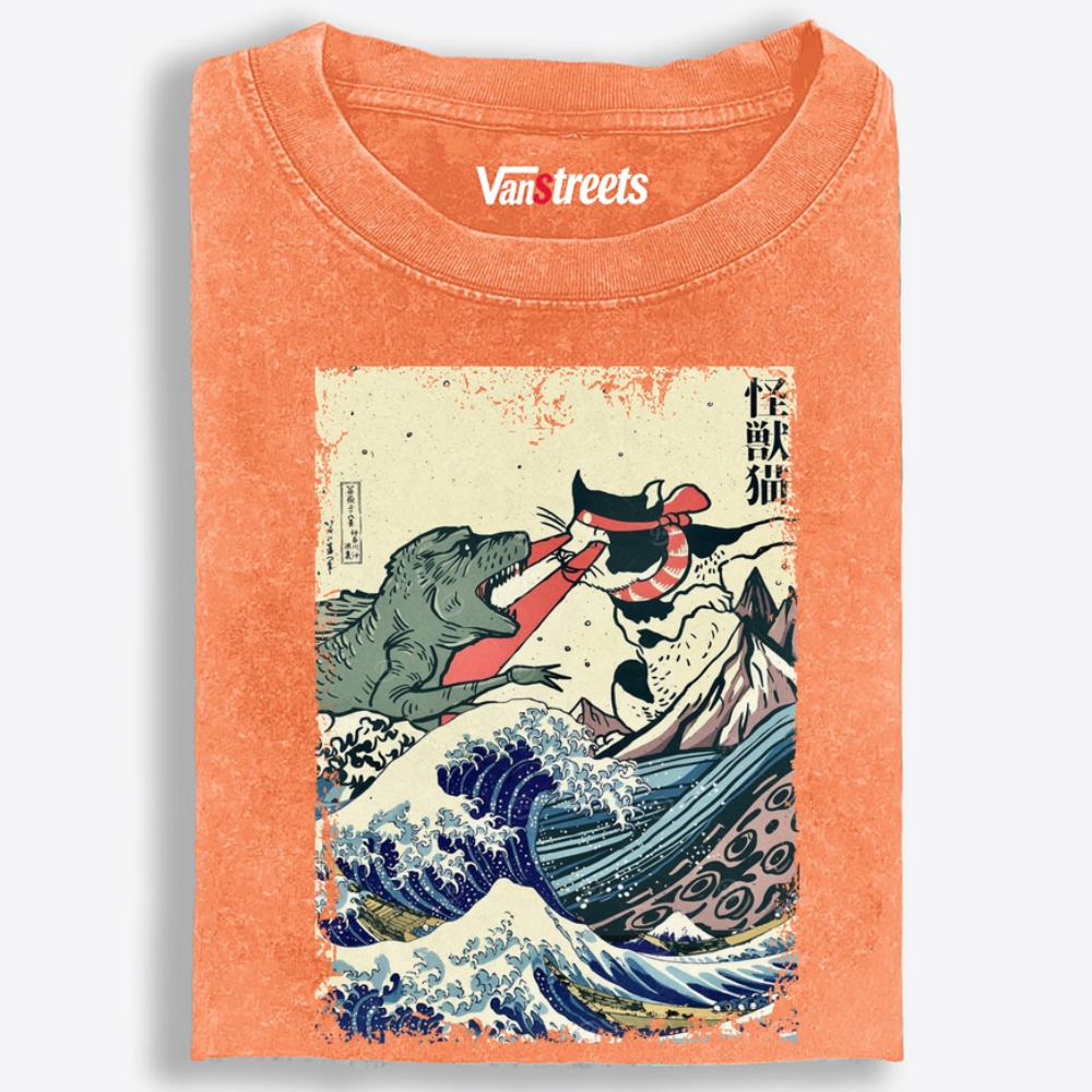 Kaiju Cat vs Godzilla The Great Wave Off Kanagawa Retro Washed T-Shirt | 100% Cotton | Streetwear Essential