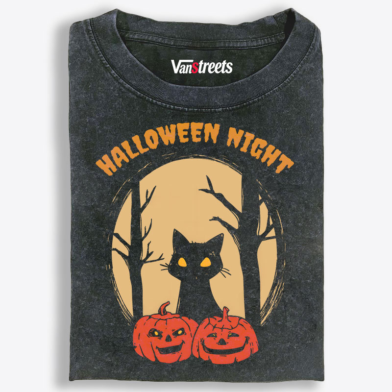 Halloween Night Black Cat Pumpkins Retro Washed T-Shirt | 100% Cotton | Streetwear Essential