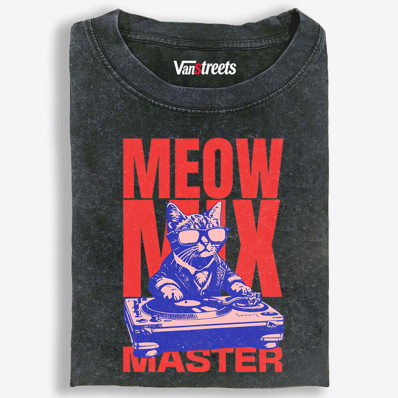 Meow Mix Master DJ Cat Retro Washed T-Shirt | 100% Cotton | Streetwear Essential