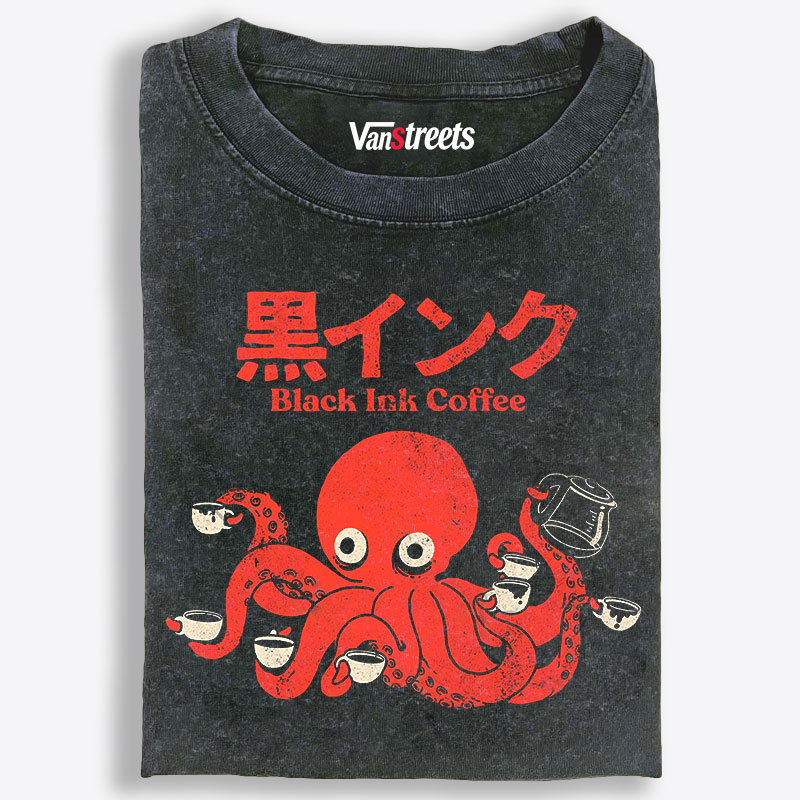 Black Ink Coffee Octopus Retro Washed T-Shirt | 100% Cotton | Streetwear Essential