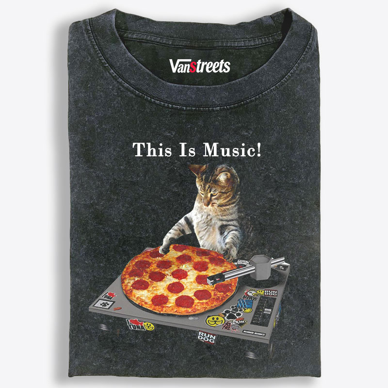 This Is Music! Pizza Turntable Cat Retro Washed T-Shirt | 100% Cotton | Streetwear Essential