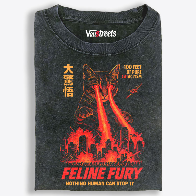 Feline Fury 100 Feet Cat Kaiju Retro Washed T-Shirt | 100% Cotton | Streetwear Essential