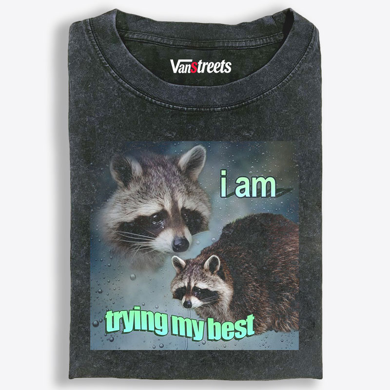 I Am Trying My Best Raccoon Meme Retro Washed T-Shirt | 100% Cotton | Streetwear Essential