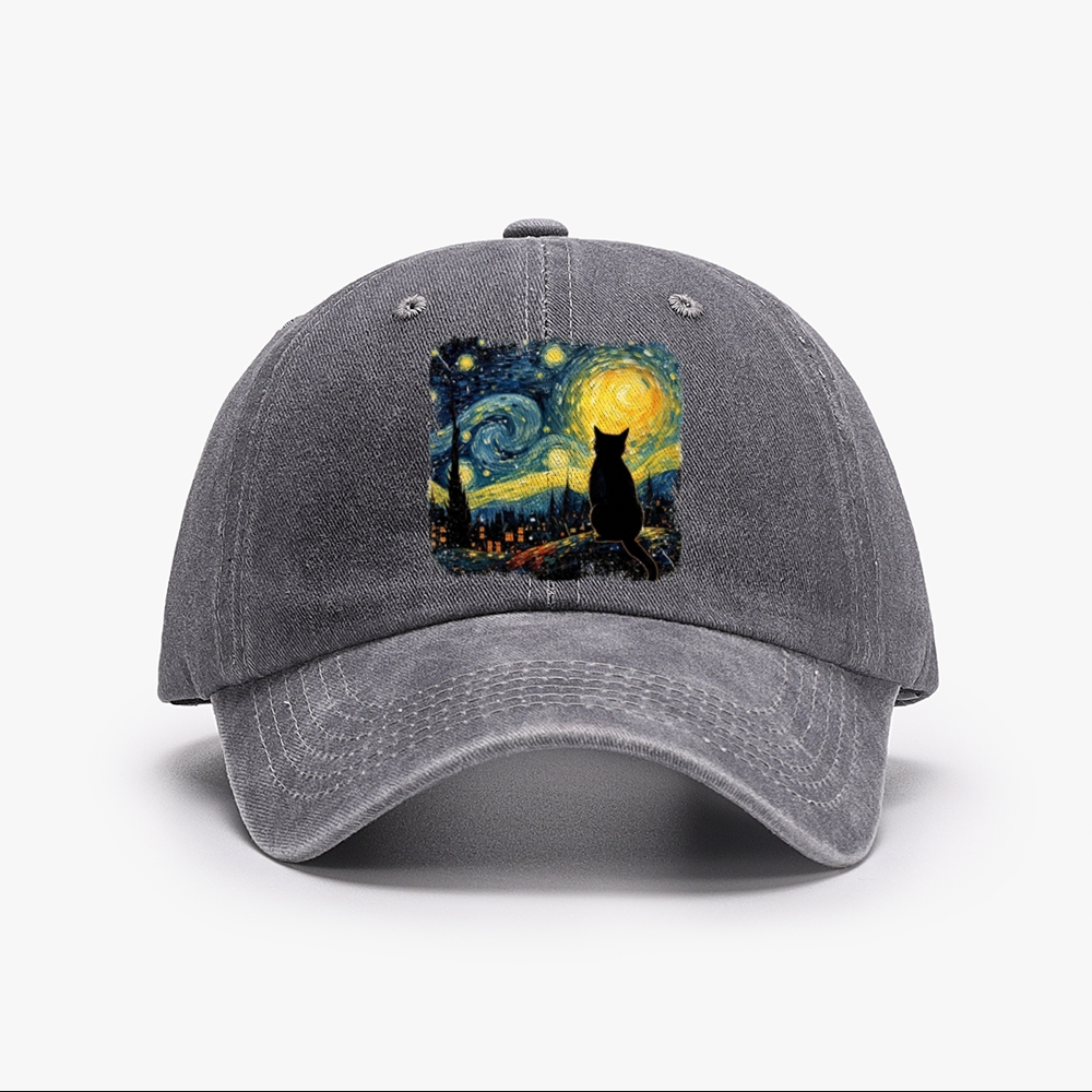 Van Gogh Starry Night Cat Retro Washed Baseball Cap