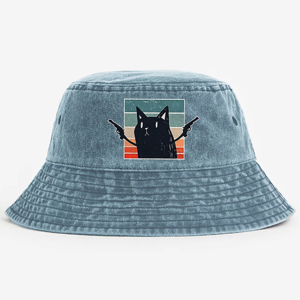 "Pew Pew Madafakas" Black Cat Retro Vintage Washed Bucket Hat