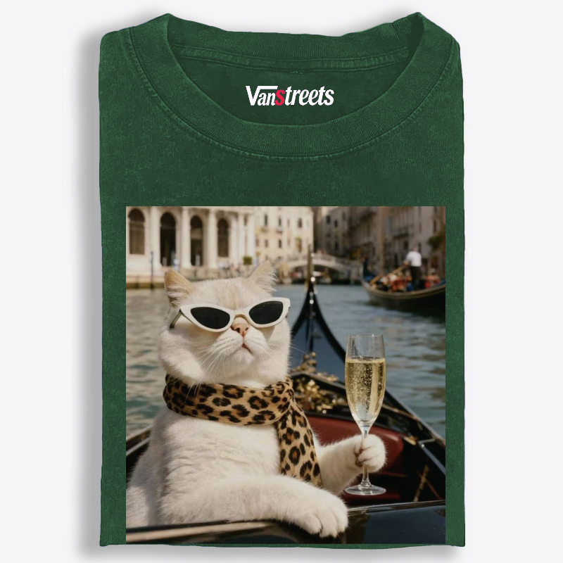 Bunny Venice Cat with Champagne Retro Washed T-Shirt | 100% Cotton | Streetwear Essential
