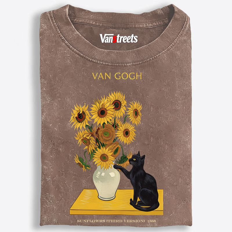 Curious Cat Touching Sunflowers Washed T-Shirt | 100% Cotton | Streetwear Essential