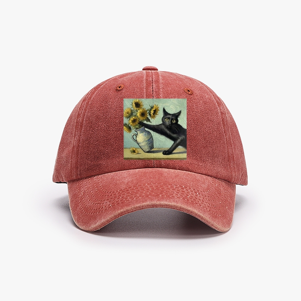 Van Gogh's Cat with Sunflowers Retro Washed Baseball Cap