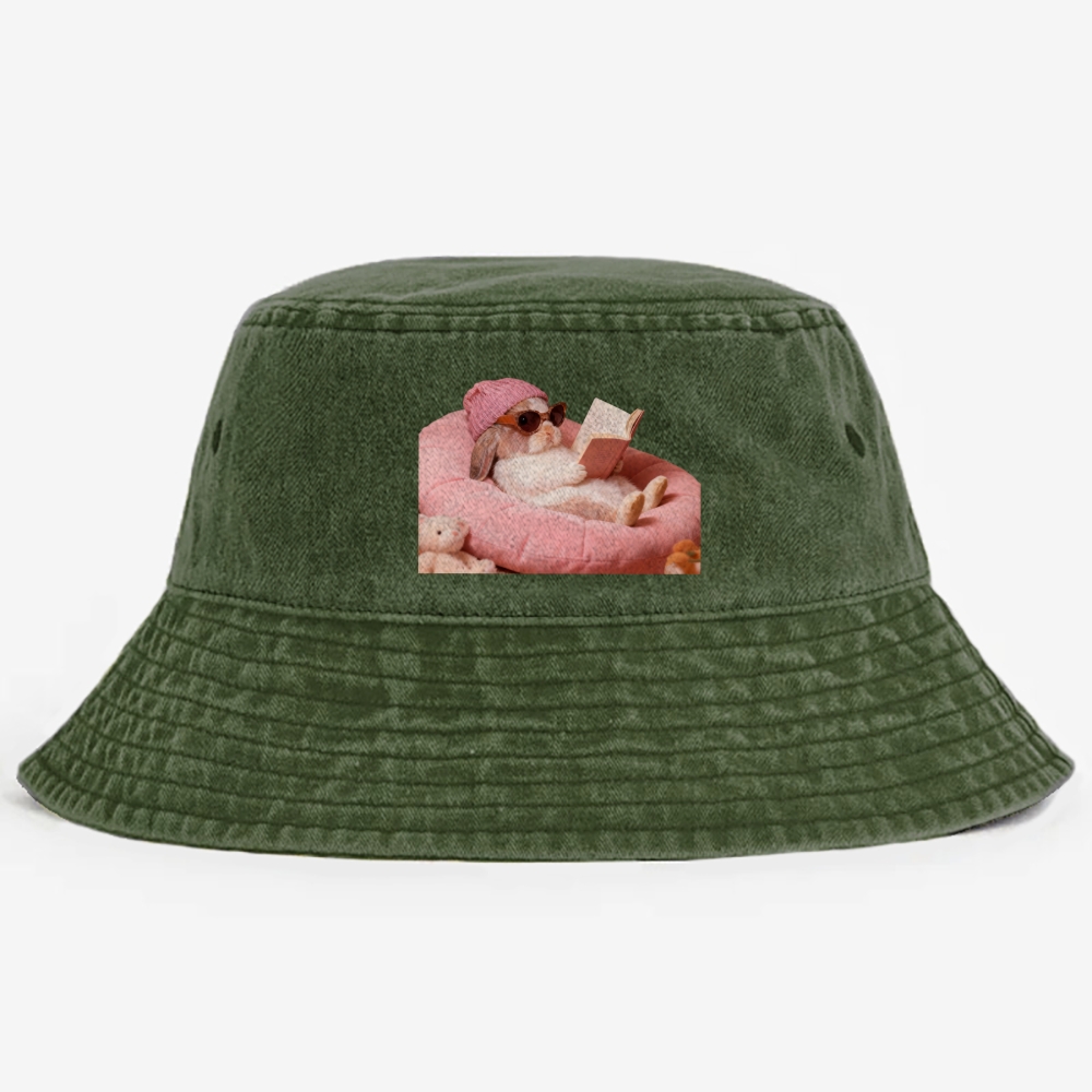 Bunny Bookish Rabbit Retro Vintage Washed Bucket Hat