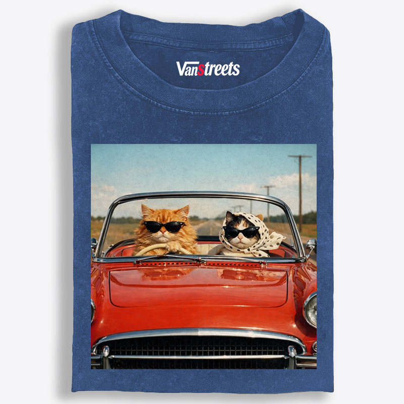 Cats In Red Convertible Road Trip Meme Retro Washed T-Shirt | 100% Cotton | Streetwear Essential