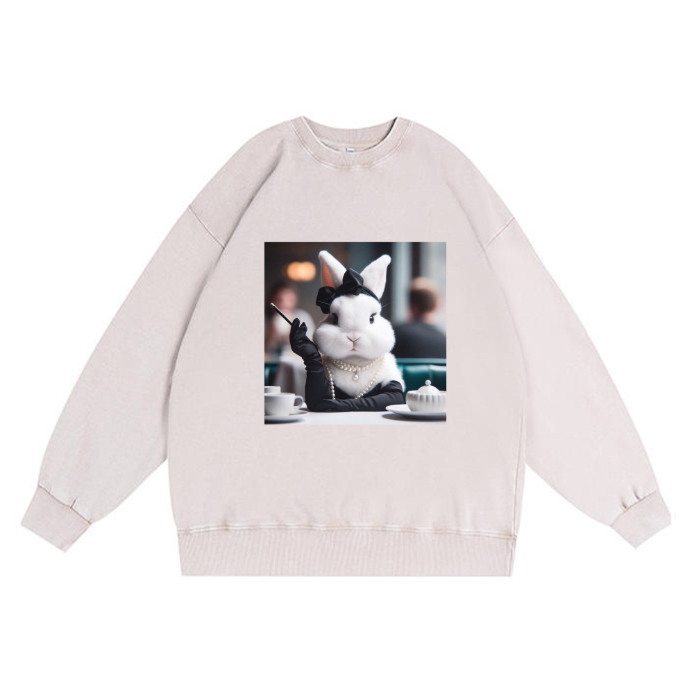 Pearl Bunny · Tea Break Retro Premium Washed Cotton Crewneck Sweatshirt