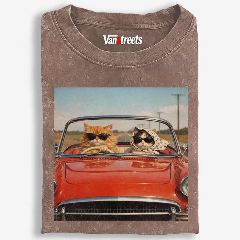 Cats In Red Convertible Road Trip Meme Retro Washed T-Shirt | 100% Cotton | Streetwear Essential