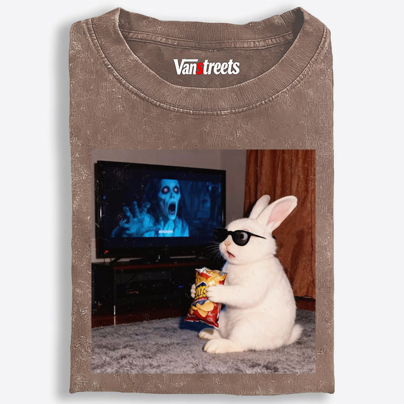 Horror Movie Watching Bunny Retro Washed T-Shirt | 100% Cotton | Streetwear Essential