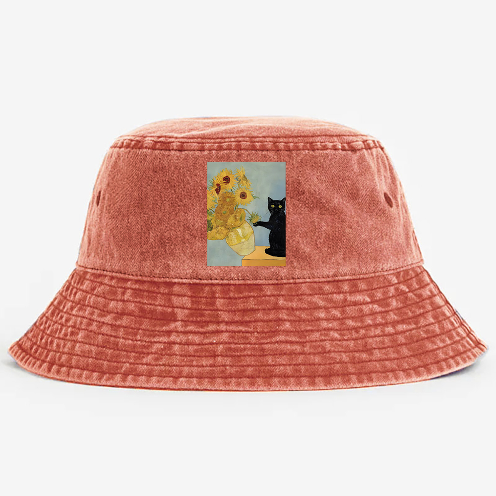 Playful Cat Meets Van Gogh Sunflowers Retro Vintage Washed Bucket Hat