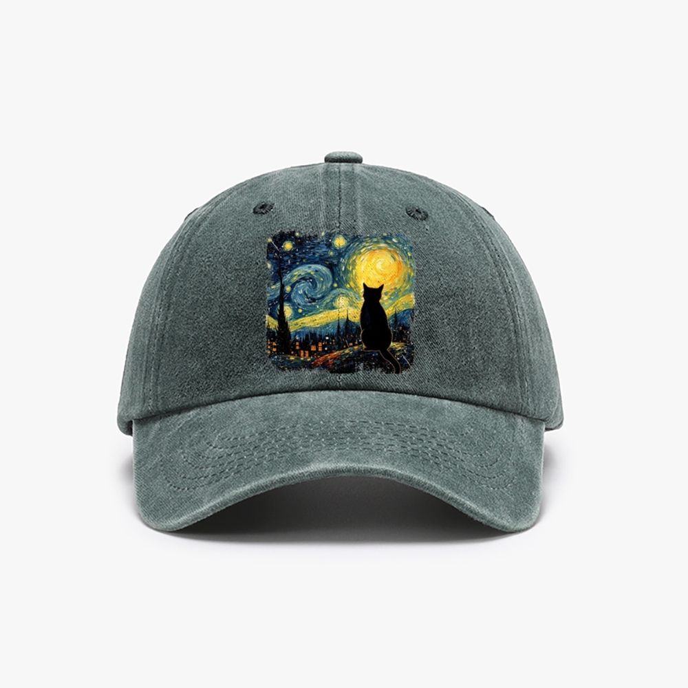 Van Gogh Starry Night Cat Retro Washed Baseball Cap