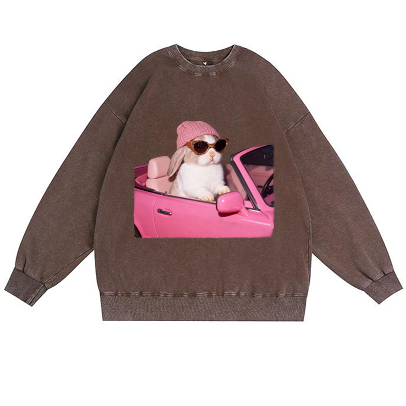 Pink Sports Car Cool Rabbit Retro Premium Washed Cotton Crewneck Sweatshirt