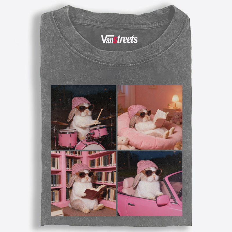 Cool Bunny 4-Panel Life Meme Retro Washed T-Shirt | 100% Cotton | Streetwear Essential