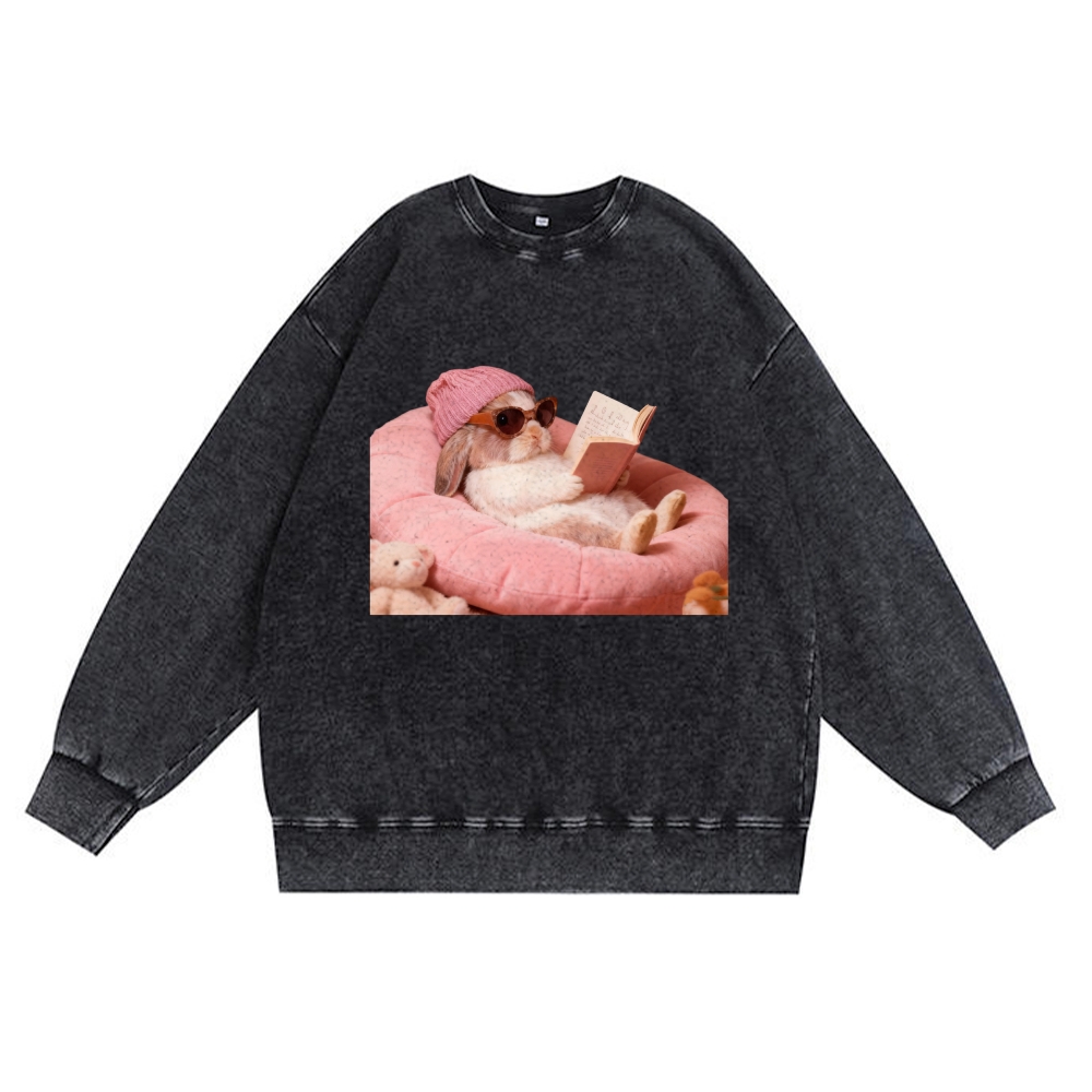 Bunny Bookish Rabbit Retro Premium Washed Cotton Crewneck Sweatshirt