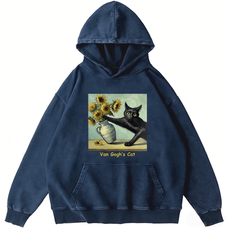 Van Gogh's Sunflowers Black Cat Retro Washed Hoodide | 100% Cotton | Streetwear Essential