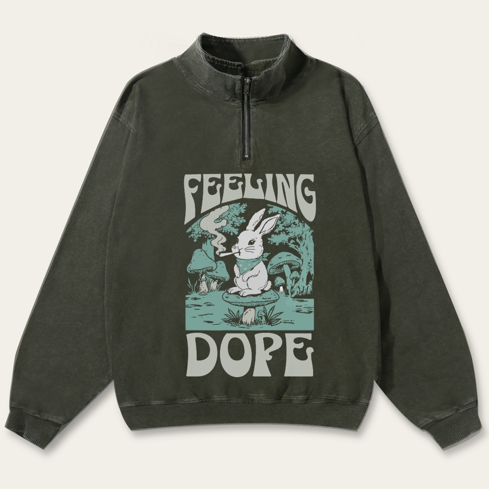 Bunny Feeling Dope Rabbit Retro Washed Zip-Up Mock Neck Sweatshirt