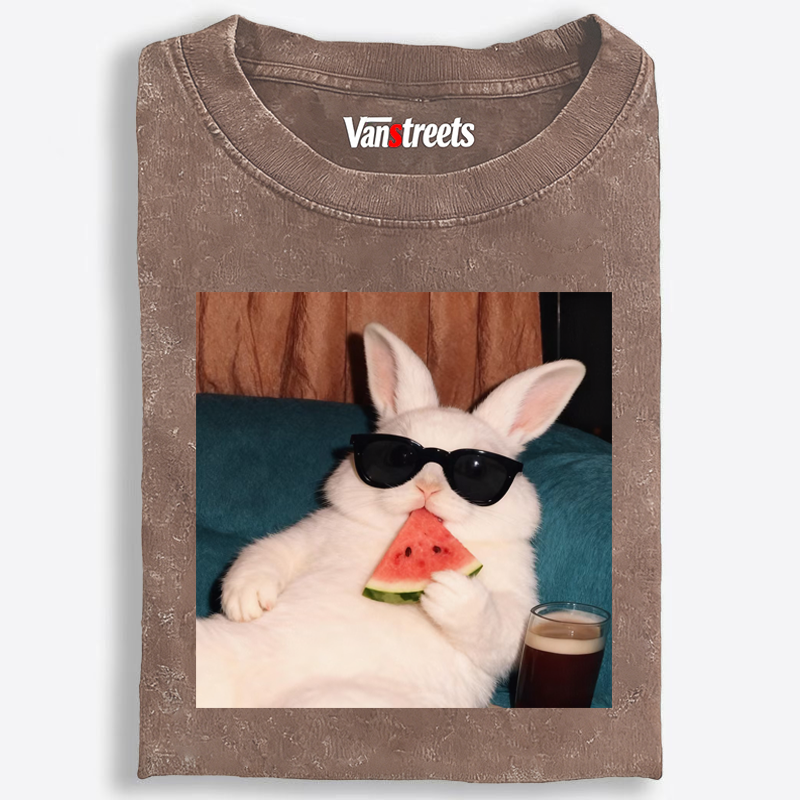 Rabbit Eating Watermelon Sunglasses Retro Washed T-Shirt | 100% Cotton | Streetwear Essential