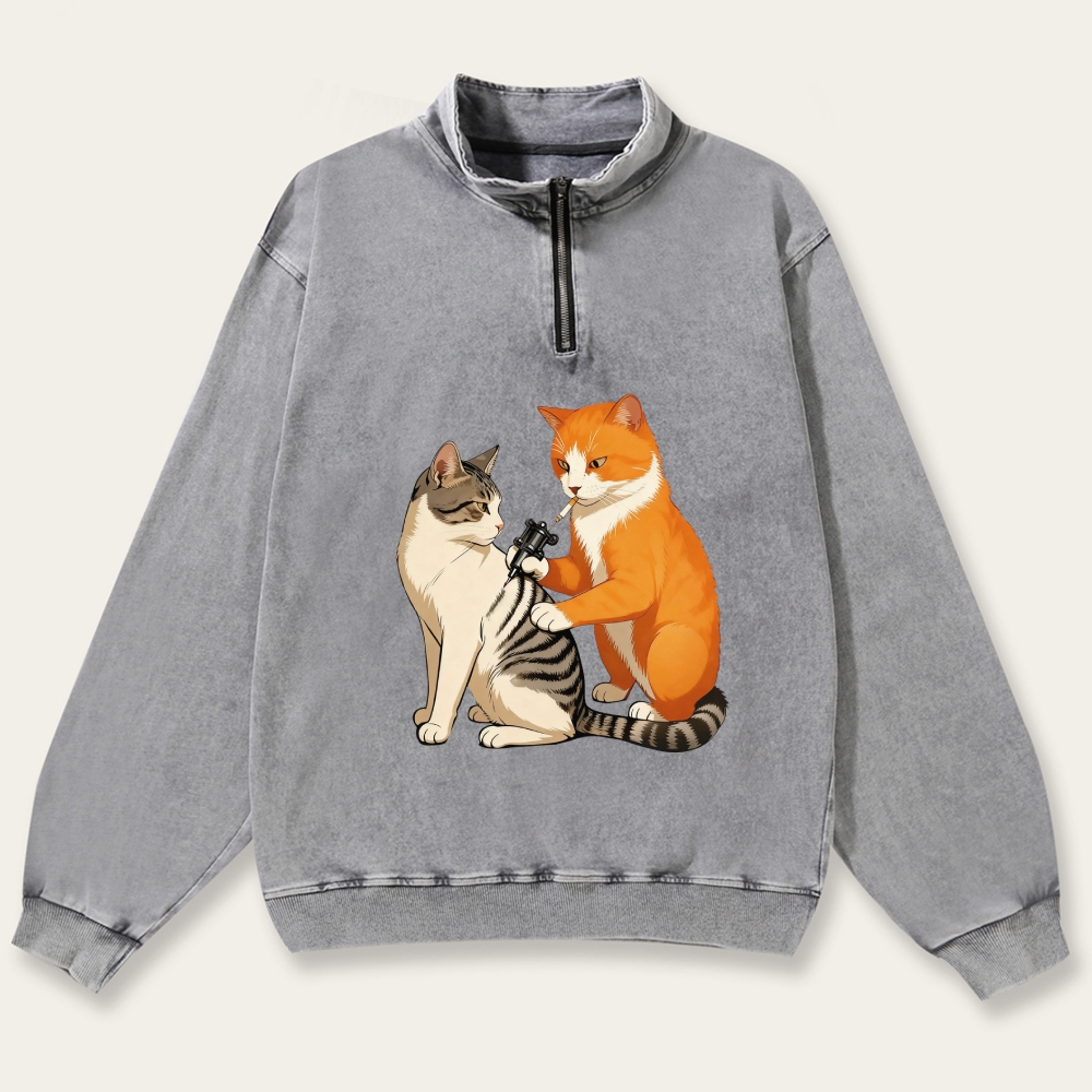 Tattoo Artist Orange Cat Retro Washed Zip-Up Mock Neck Sweatshirt